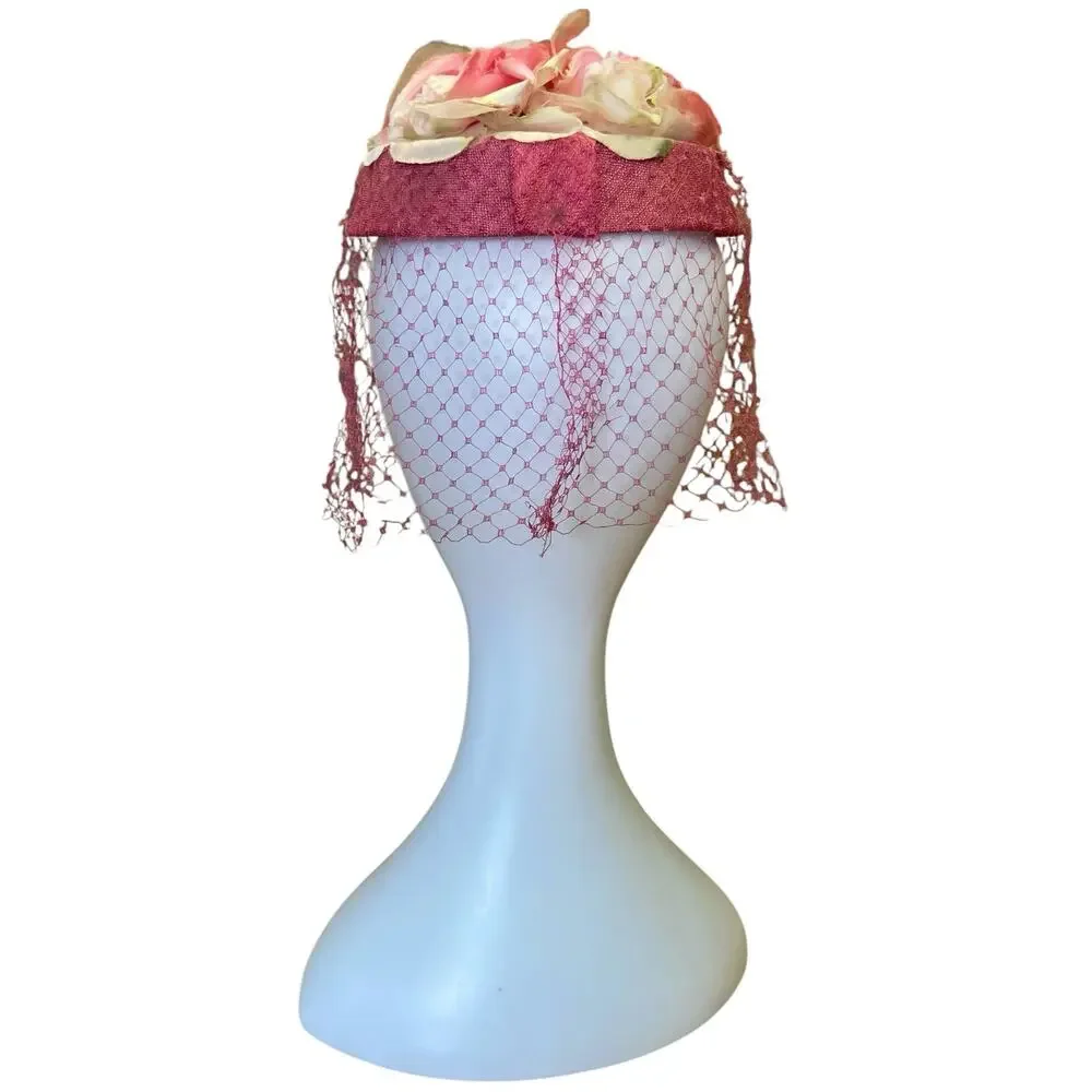 1950s Pink Floral Fascinator Hat | Vintage Veiled Cocktail Church Wedding Hat